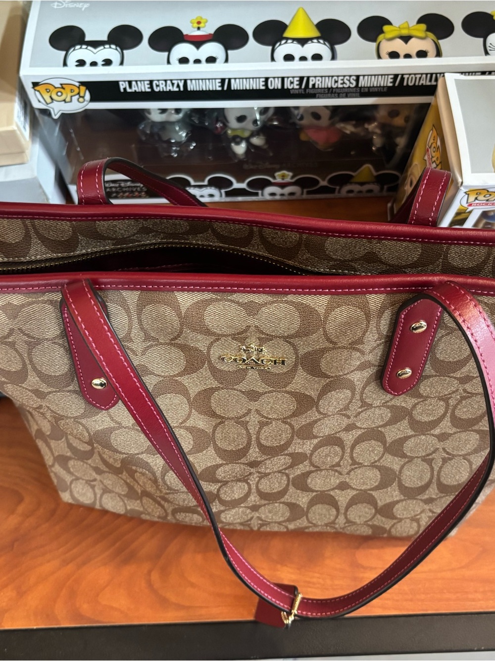 Coach Brown Signature Canvas Tote with Burgundy Trim - Picture 2 of 4